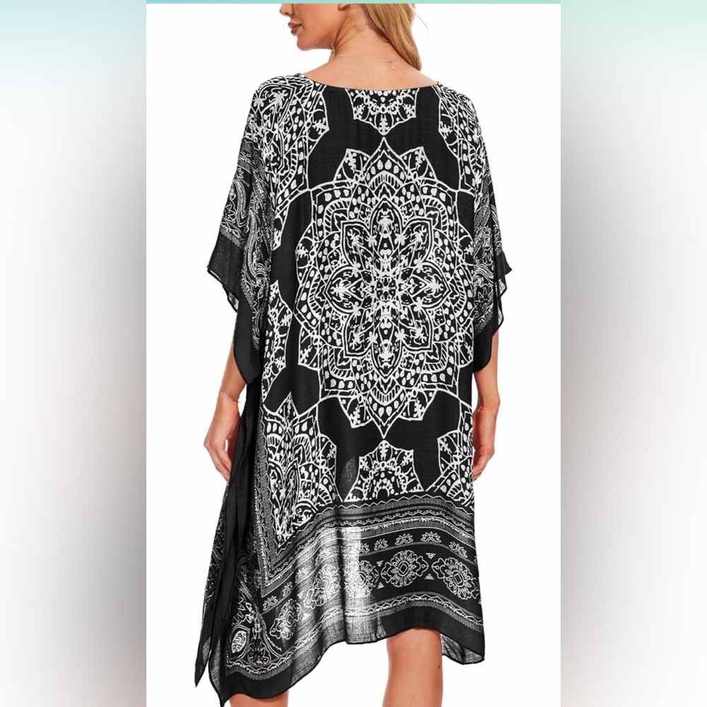 NWOT Black & White Printed Beach Cover-Up Tunic Kaftan - Picture 3 of 8